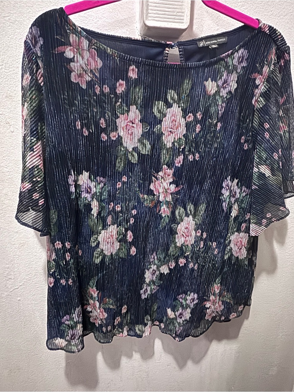 Adrianna Papell Floral Pleated Short Sleeve Top - Navy with Pink Flowers